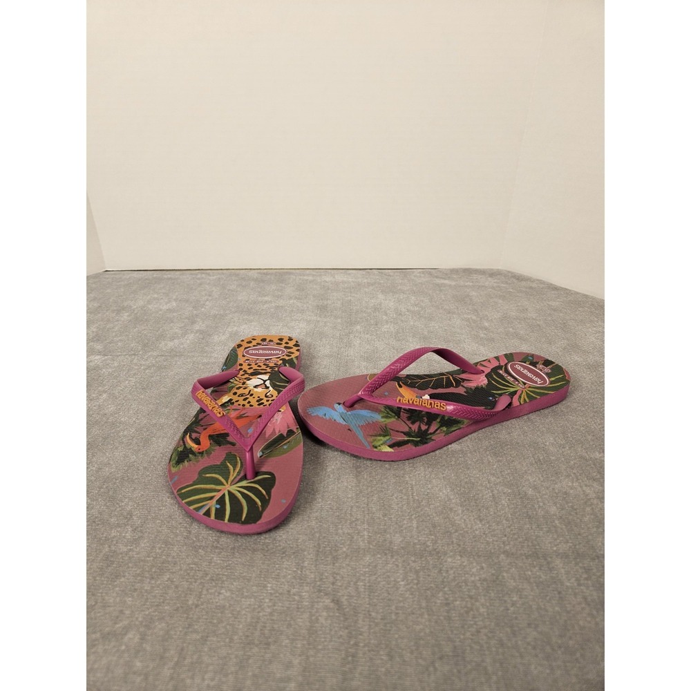Havaianas Slim Tropical Womens US 6 EUR 37/38 Pink Jungle Leopard Bird Flip...